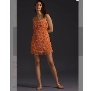 NWT Anthropologie Let Me Be Dress Orange S fringe tube strapless mini‎ vols